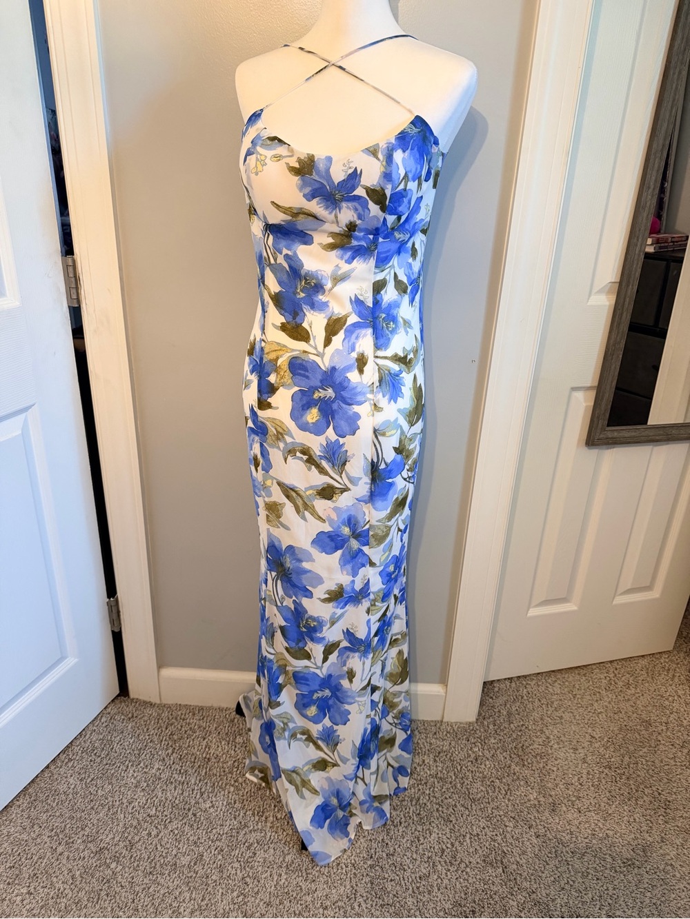Windsor White Maxi Dress with Blue Floral Print and Olive Leaves